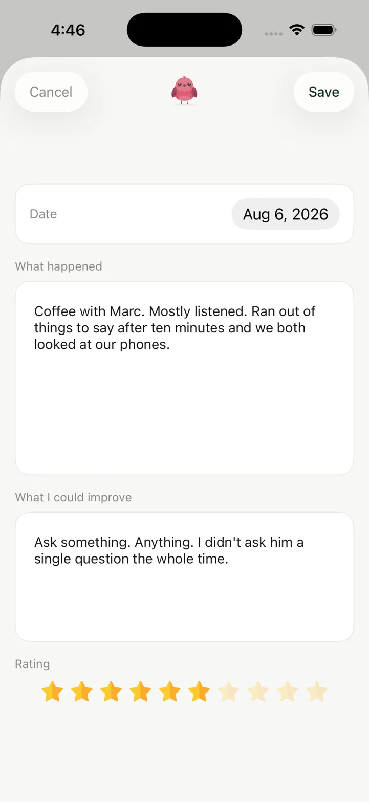 Echoed entry screen with one short reflection about coffee with Marc, rated six out of ten.