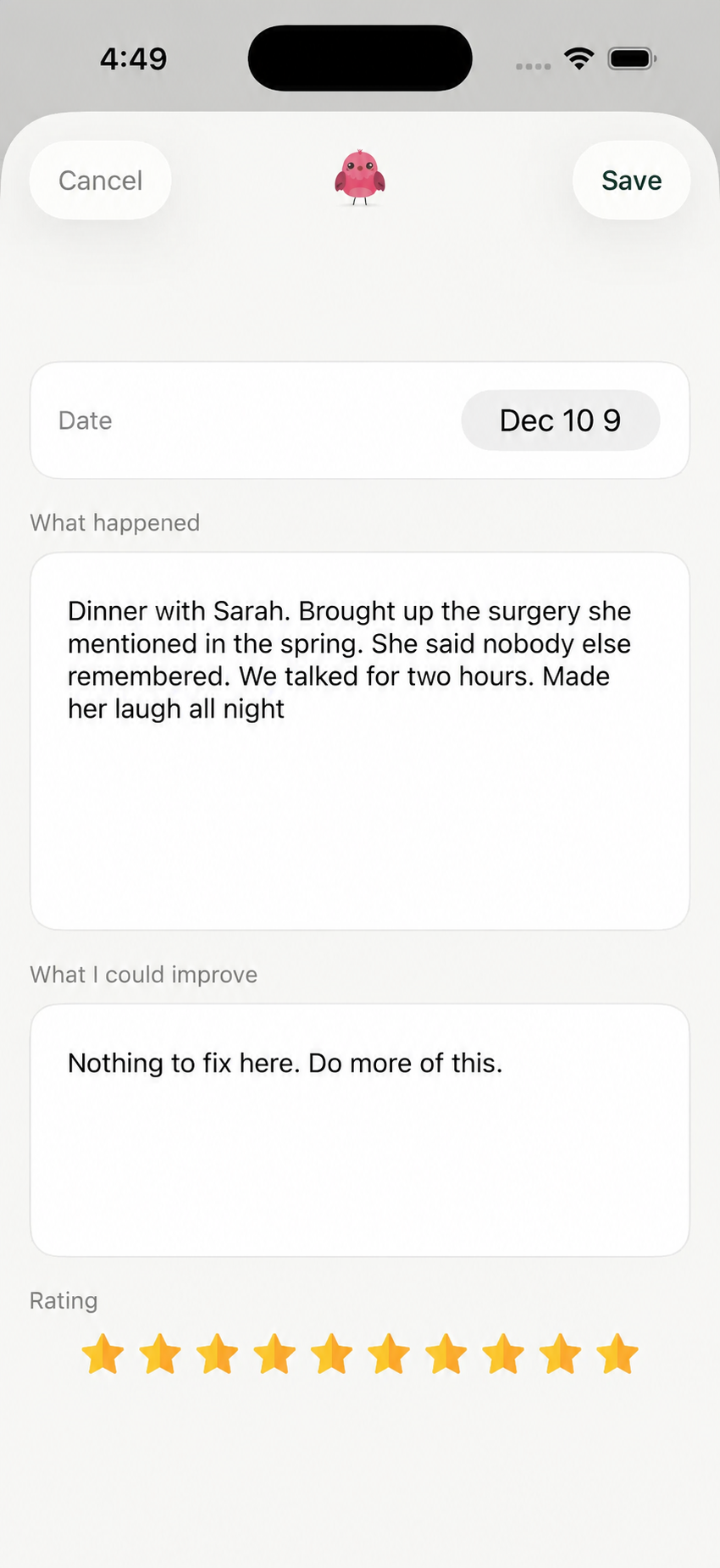 Echoed entry screen recalling a dinner with Sarah where she mentioned nobody else remembered her surgery, rated ten out of ten.