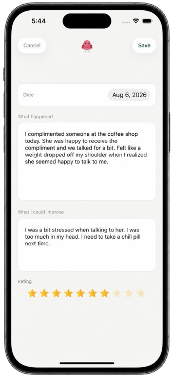 Echoed reflection entry screen about complimenting someone at a coffee shop, with a star rating.