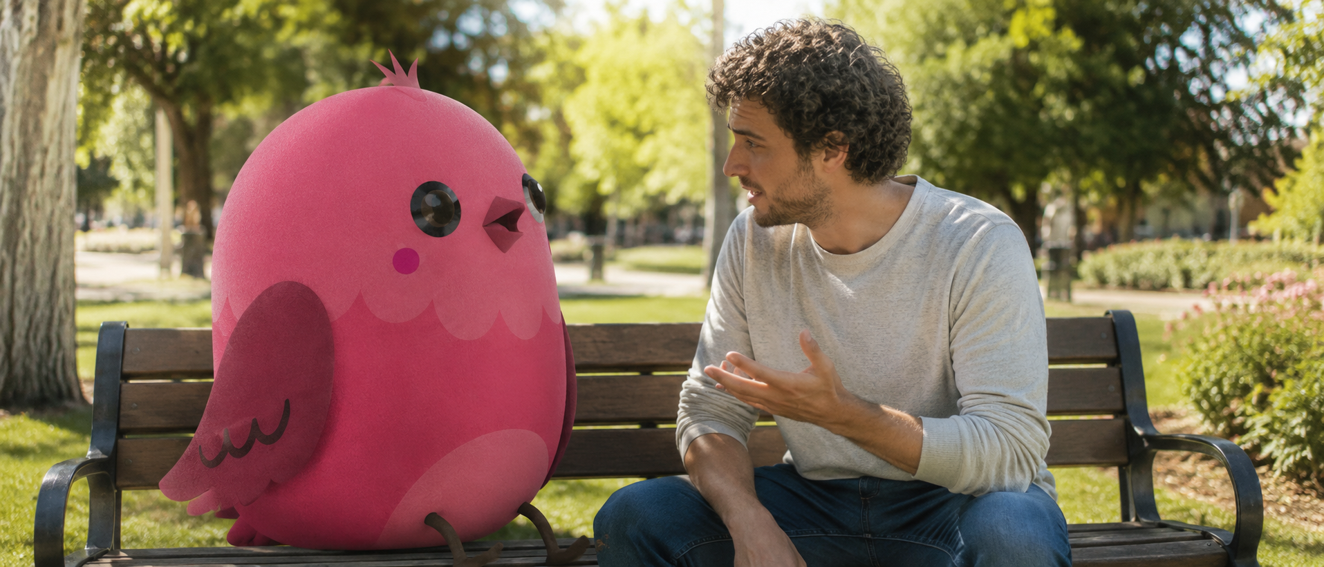 A man in conversation with the Echoed bird mascot on a park bench.