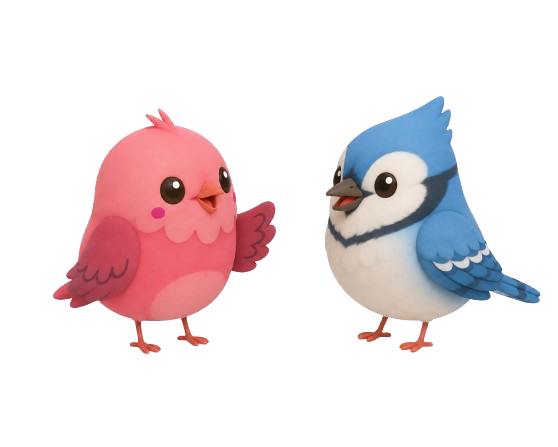 Two Echoed bird mascots facing each other.